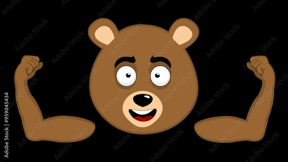 Poster video animation face grizzly bear character cartoon, showing the biceps of the arms body part. on a 