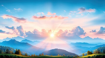A breathtaking sunrise over serene mountains, casting warm light across the landscape and highlighting nature's beauty.