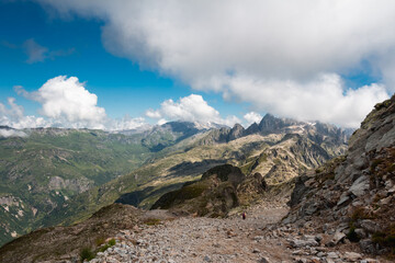 Panorama of alps. Extreme sports in mountains. High resolution photo. Ski, parasailing, climbing, alpinism.