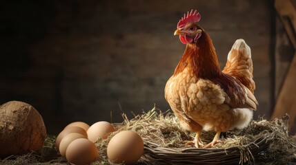 A proud hen stands guard over freshly laid eggs in a cozy barn
