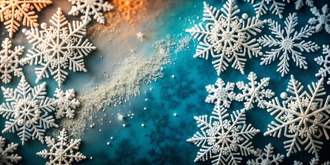 Beautiful white snowflakes on a blue and orange ombre background with copy space.