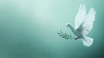 Fototapeta premium Global unity peace message visual white dove olive branch bird pigeon in flying sky mountain landscape