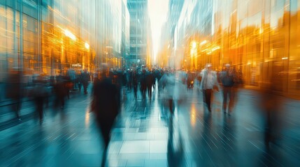 Obraz premium blurred, dynamic city scene with people walking through a busy urban area. The warm yellow and cool blue lighting contrasts, creating a sense of fast-paced city life.