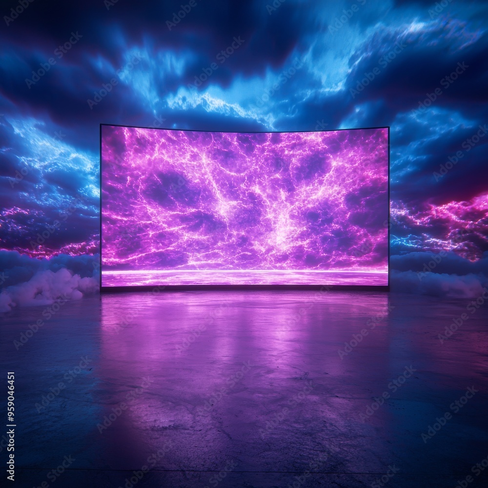 Poster abstract digital art of a large screen displaying a vibrant purple and blue cloud pattern.