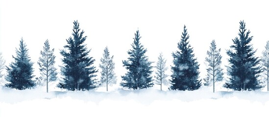 Fototapeta premium Serene Watercolor Landscape Featuring Elegant Pine Trees in Cool Blue Tones