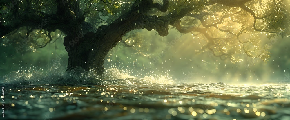 Aufkleber sunlight filtering through the leaves of a tree over a rushing river.