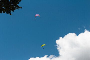 Panorama of alps. Extreme sports in mountains. High resolution photo. Ski, parasailing, climbing, alpinism.