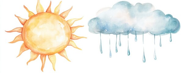 Watercolor clipart of a single sun and raincloud combined, isolate on white background, copy space