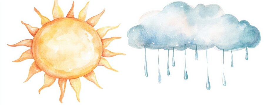 Watercolor clipart of a single sun and raincloud combined, isolate on white background, copy space