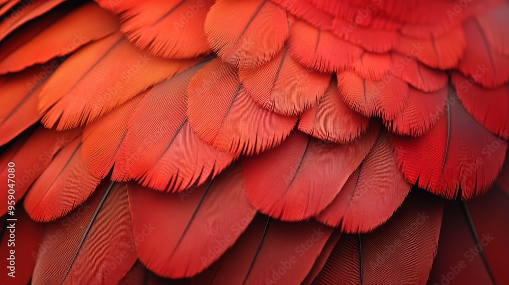 Poster a macro photo of a red pigeon feather, highlighting its texture for use as a background.