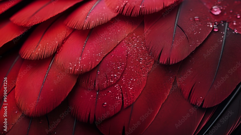 Poster a macro photo of a red pigeon feather, highlighting its texture for use as a background.