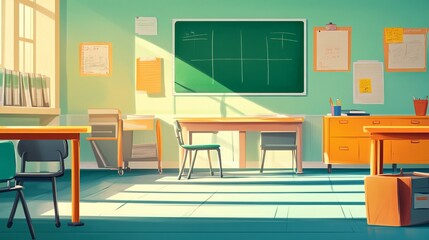 Fototapeta premium A deserted classroom's interior design is softly obscured in the backdrop. An empty classroom with a desk, chair, and blackboard at school. Not a soul is present. Cartoonish in style.