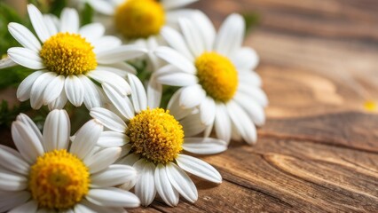 Fototapeta premium A bouquet of daisies on a wooden table with a place for text.