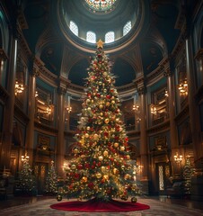 Obraz premium Christmas tree decorated with many luxurious ornaments