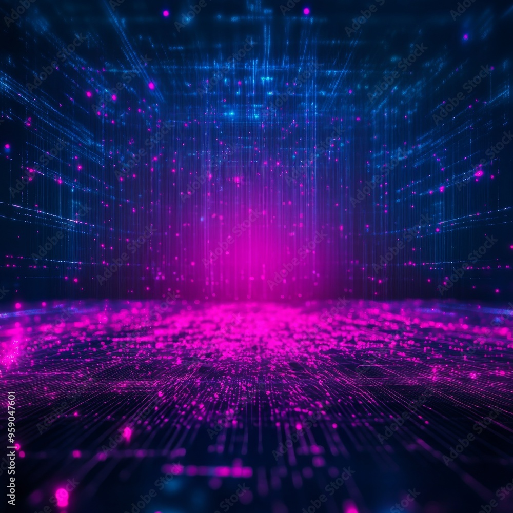 Poster abstract digital background with neon lights, glowing lines and particles. futuristic technology con