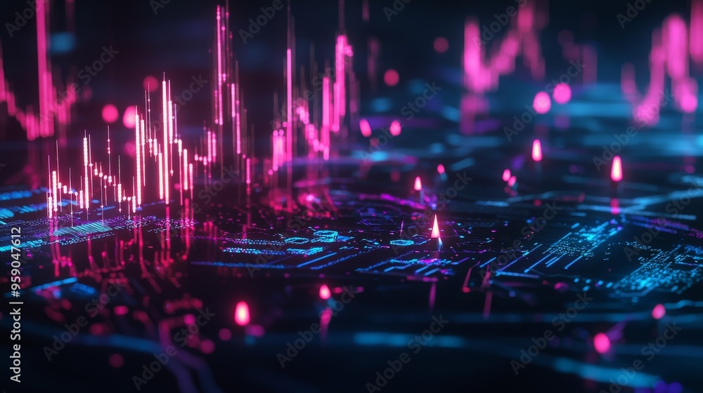 Poster abstract digital background with pink and blue glowing lines on a circuit board surface.