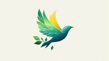 Obraz premium colorful bird in flight, featuring vibrant green and yellow feathers, symbolizing freedom and nature's beauty. Minimalistic design on a white background.