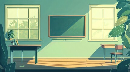 A deserted classroom's interior design is softly obscured in the backdrop. An empty classroom with a desk, chair, and blackboard at school. Not a soul is present. Cartoonish in style.