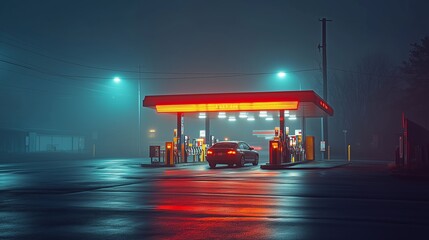 A car refuels at a deserted gas station under foggy night lights, showcasing the serene atmosphere of a quiet roadside stop