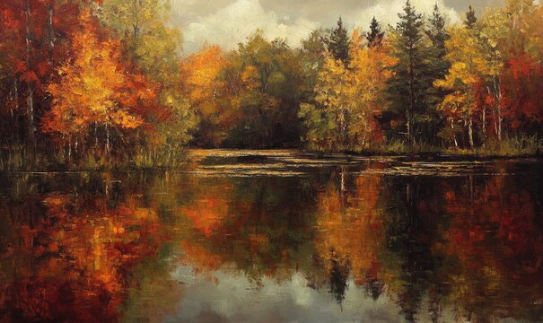 Oil painting depicting a seasonal landscape of autumn with reflections in the water capturing the essence of fall