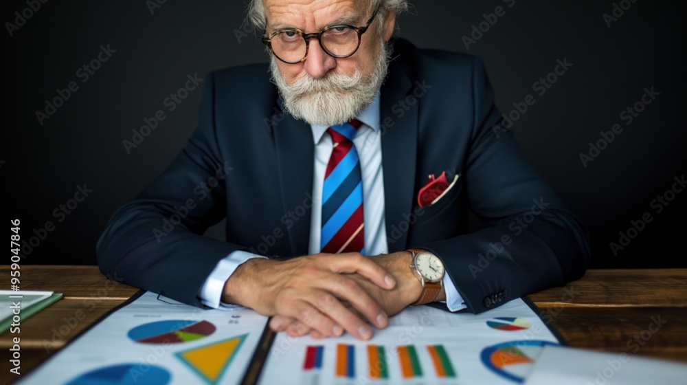 Poster a middle-aged man with a beard and glasses examines various charts and graphs laid out on a table in