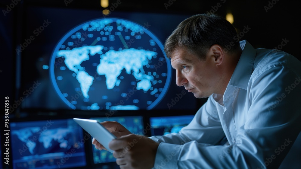 Poster a focused analyst studies data on a tablet, surrounded by multiple screens showing global maps and d