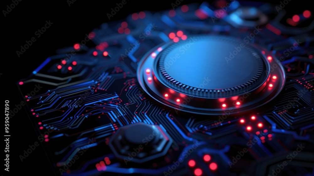 Poster the intricate patterns of a circuit board illuminated by vibrant red and blue lights highlight the c