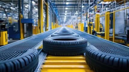 New tires on an assembly line. Perfect for concepts related to manufacturing, industry, and car production.