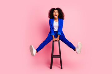Photo of crazy lovely cheerful girl wear trendy blue clothes have fun good mood isolated on pink color background