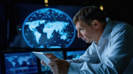 A focused analyst studies data on a tablet, surrounded by multiple screens showing global maps and data visualizations in a dimly lit control room