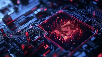 Obraz premium Abstract digital circuit board with glowing red and blue lines, representing data flow and processing power.
