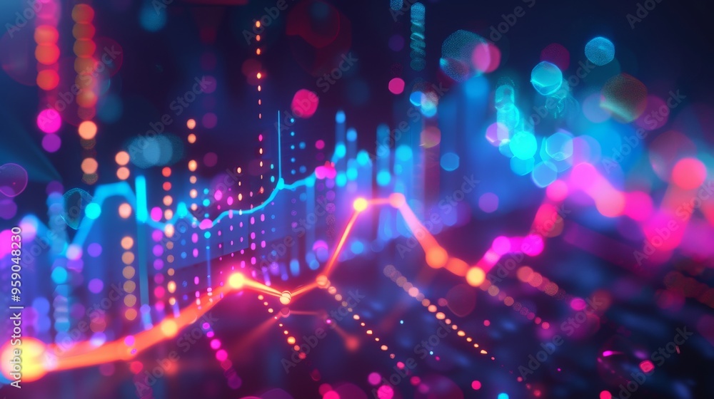 Poster abstract digital data visualization with glowing lines and dots in pink, blue and orange.
