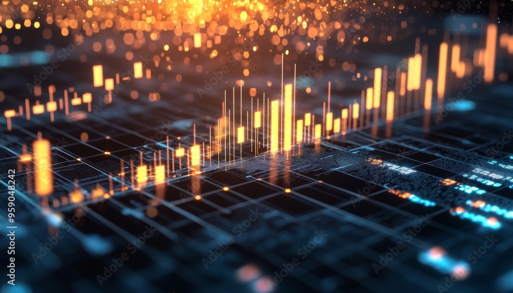 Poster abstract digital data visualization with glowing bars and lines representing growth, technology, and
