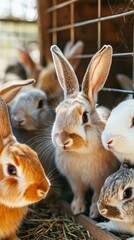 Fototapeta premium Diverse Rabbit Breeds in a Cozy Farm Hutch Surrounded by Nature and Peaceful Atmosphere