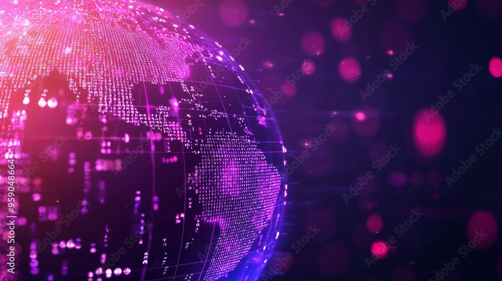 Poster abstract digital globe with glowing lines and bokeh.