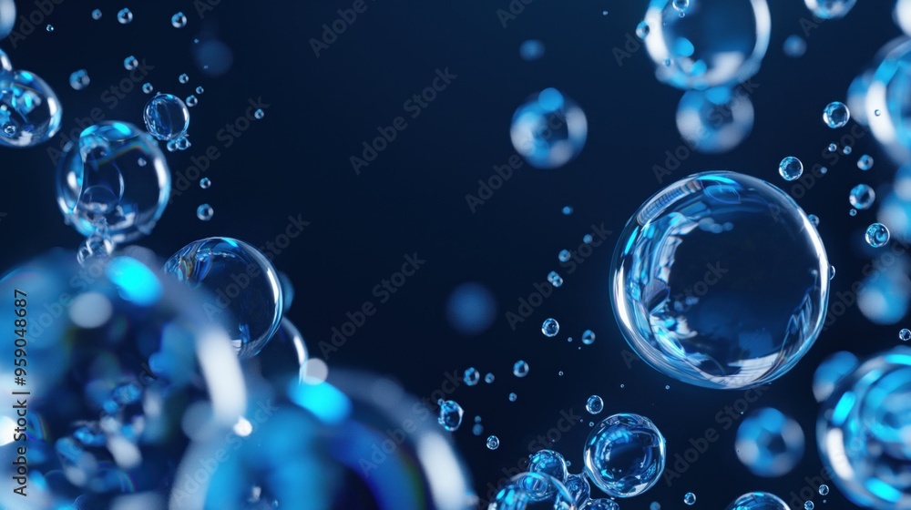 Poster bubbles ascend gently in clear water, reflecting soft blue light, creating a tranquil atmosphere in 