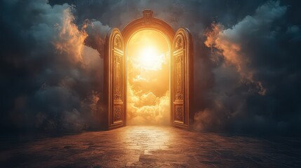 golden door opens to a glowing, heavenly light amidst dark clouds, symbolizing hope, spiritual awakening, and a journey toward enlightenment.