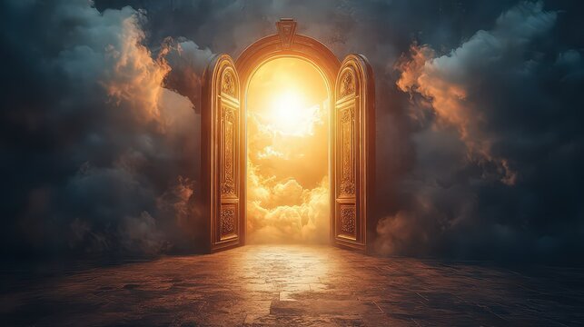 golden door opens to a glowing, heavenly light amidst dark clouds, symbolizing hope, spiritual awakening, and a journey toward enlightenment.