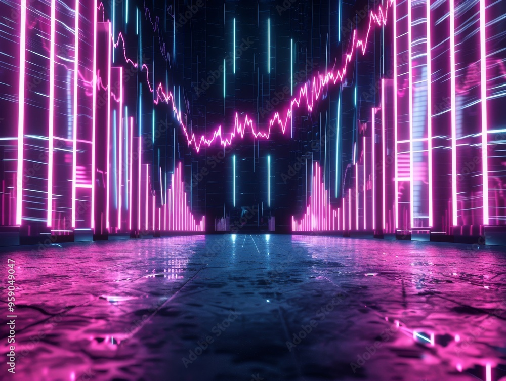 Aufkleber abstract digital landscape with glowing neon lines and a dynamic graph. futuristic cyberpunk style.