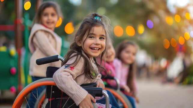 Children with disabilities playing together, inclusive playground setting, expressions of joy and acceptance, promoting inclusivity and equal opportunities, diverse abilities visible