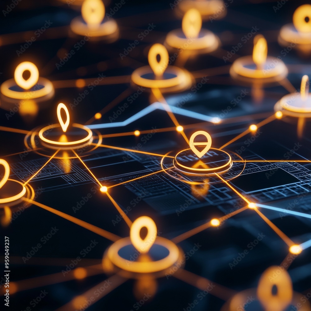 Aufkleber abstract digital network of glowing location markers connected by lines.