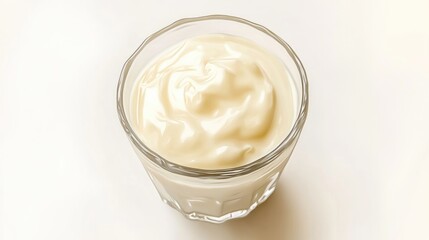 Oil painting depicting creamy yogurt in a glass featuring the rich essence of vanilla set against a clean white background