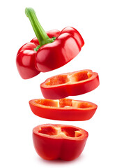 Ripe red bell pepper cut into four pieces, gently floating on a clear background