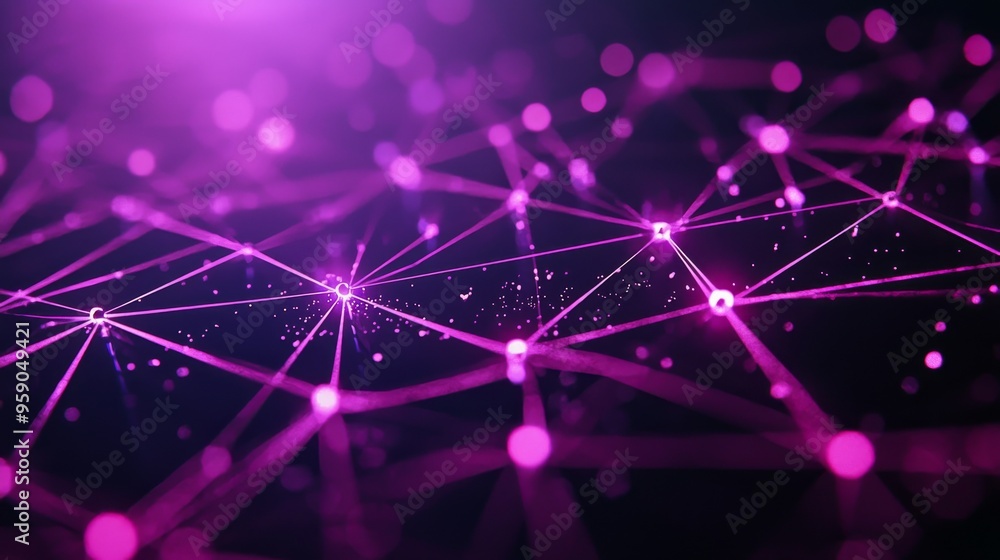 Poster abstract digital network with glowing pink lines and nodes against a dark background.