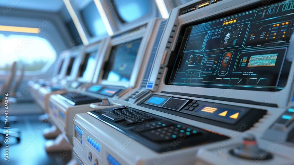 Poster futuristic control room features advanced monitoring stations with multiple screens displaying data 