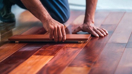 Flooring expert installing hardwood floors, measuring and cutting planks, and securing them in place to enhance the homes aesthetic and value