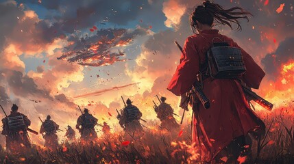 Fototapeta premium group of samurai warriors marching toward battle at sunset, with their swords drawn, representing tradition, honor, and bravery.