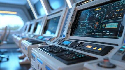 Futuristic control room features advanced monitoring stations with multiple screens displaying data and user interfaces, illuminated by natural light streaming through large windows