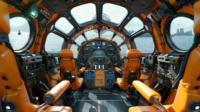 Inside a high-tech submarine, bright orange seats encircle complex control panels, offering stunning views of the ocean and distant land through large portholes - Powered by Adobe