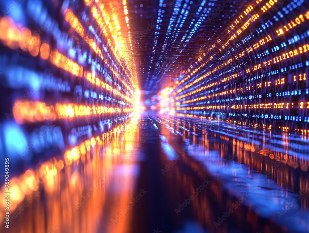 Poster abstract digital tunnel with glowing blue and orange lines, creating a futuristic and dynamic visual